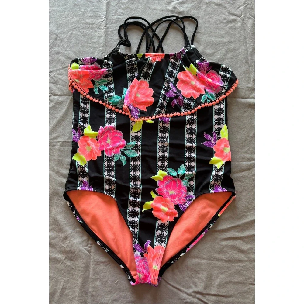 Wonder Nation Girls Floral Stripe One Piece Swimsuit Pom Pom Ruffle Black 10-12